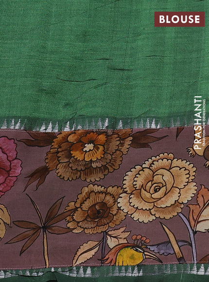 Mangalgiri silk cotton saree green and brown with plain body and temple design kalamkari printed applique border