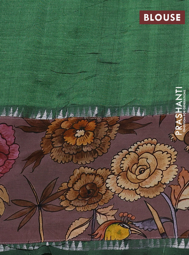 Mangalgiri silk cotton saree green and brown with plain body and temple design kalamkari printed applique border