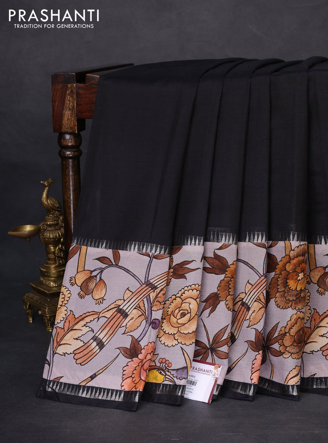 Mangalgiri silk cotton saree black and psatel grey with plain body and temple design kalamkari printed applique border
