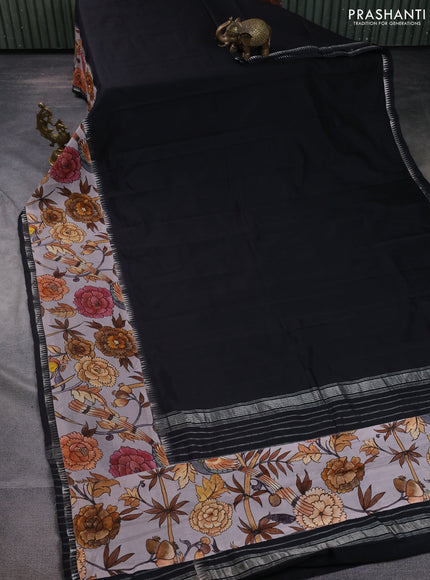 Mangalgiri silk cotton saree black and psatel grey with plain body and temple design kalamkari printed applique border