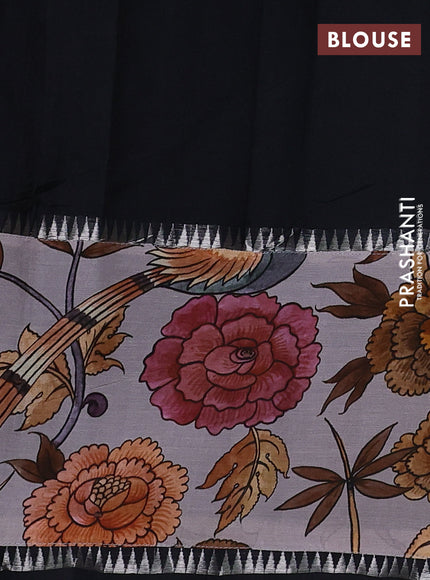 Mangalgiri silk cotton saree black and psatel grey with plain body and temple design kalamkari printed applique border