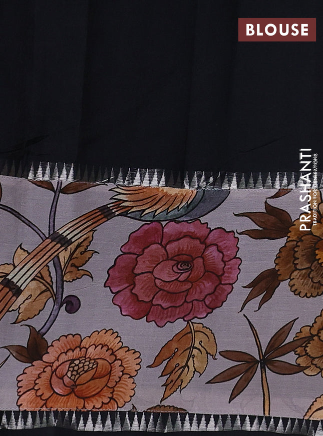 Mangalgiri silk cotton saree black and psatel grey with plain body and temple design kalamkari printed applique border