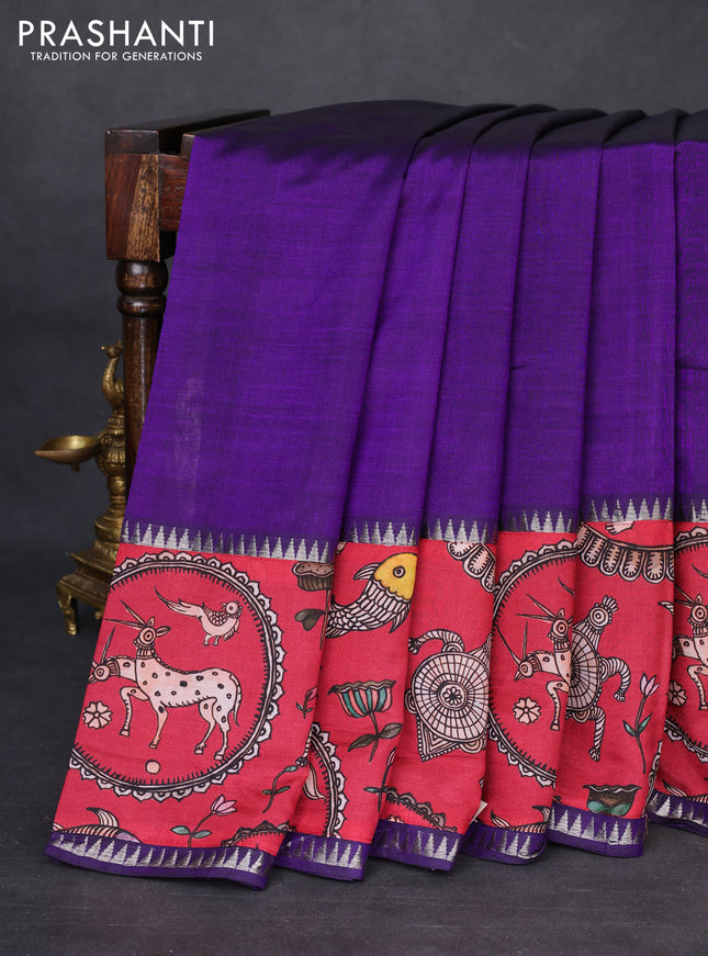 Mangalgiri silk cotton saree violet and maroon with plain body and temple design kalamkari printed applique border