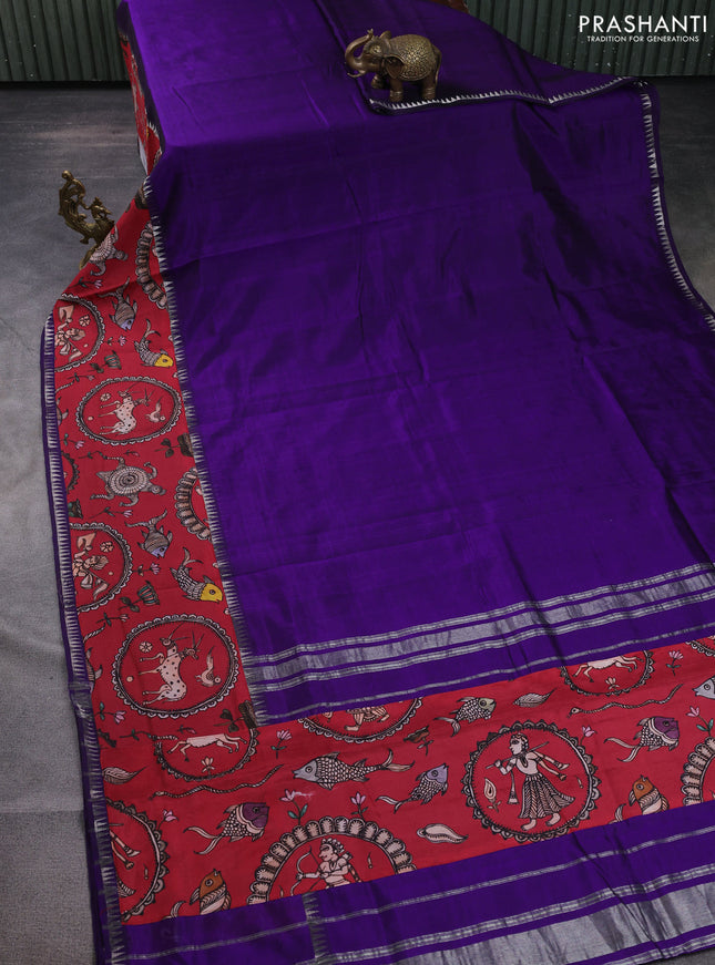 Mangalgiri silk cotton saree violet and maroon with plain body and temple design kalamkari printed applique border