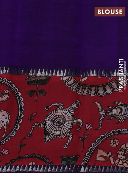 Mangalgiri silk cotton saree violet and maroon with plain body and temple design kalamkari printed applique border