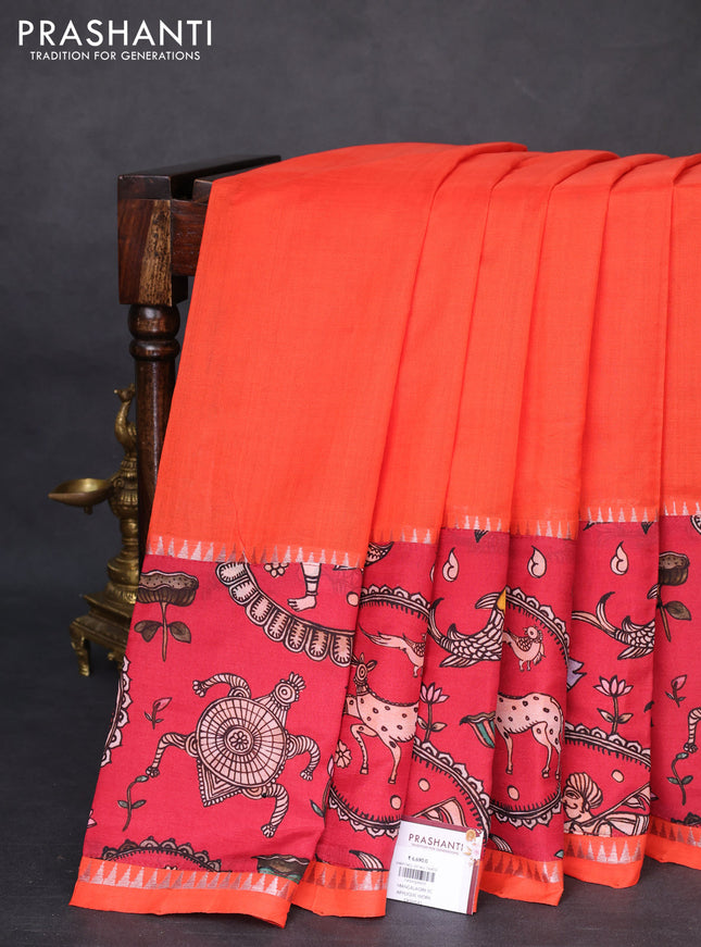 Mangalgiri silk cotton saree orange and maroon with plain body and temple design kalamkari printed applique border
