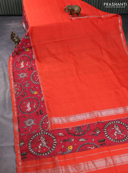 Mangalgiri silk cotton saree orange and maroon with plain body and temple design kalamkari printed applique border