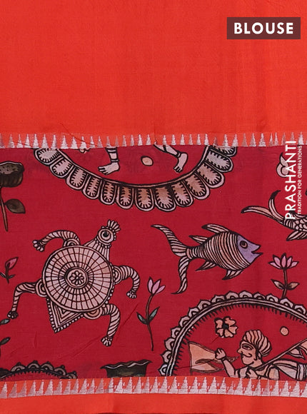 Mangalgiri silk cotton saree orange and maroon with plain body and temple design kalamkari printed applique border