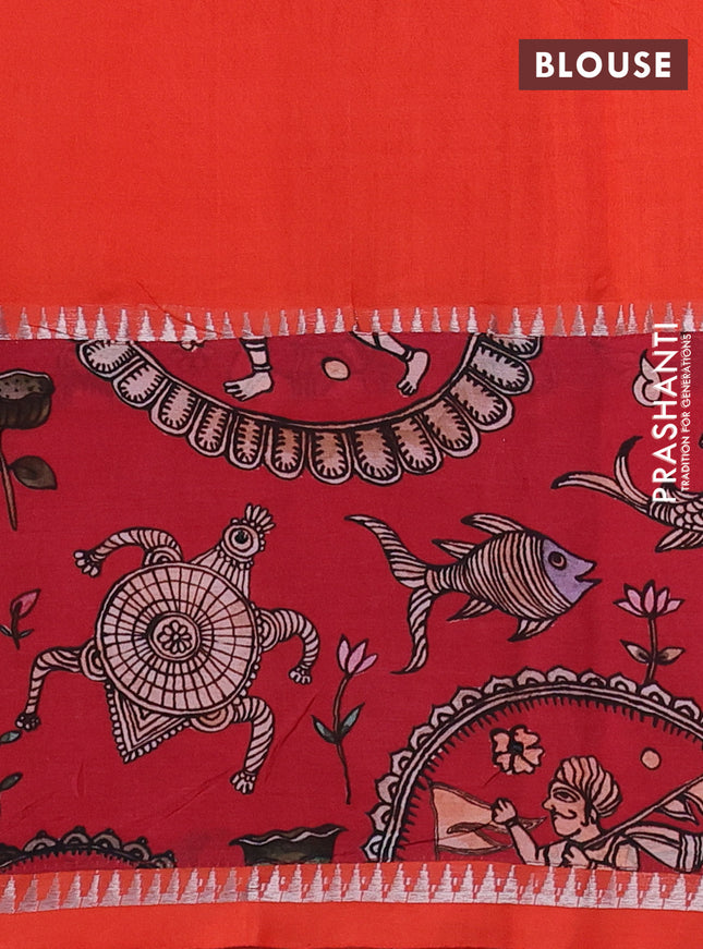 Mangalgiri silk cotton saree orange and maroon with plain body and temple design kalamkari printed applique border