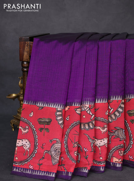 Mangalgiri silk cotton saree violet and maroon with plain body and temple design kalamkari printed applique border
