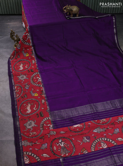 Mangalgiri silk cotton saree violet and maroon with plain body and temple design kalamkari printed applique border