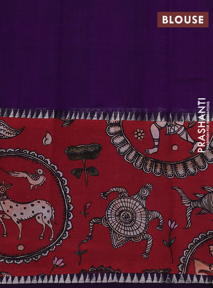 Mangalgiri silk cotton saree violet and maroon with plain body and temple design kalamkari printed applique border
