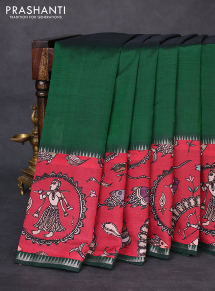 Mangalgiri silk cotton saree green and maroon with plain body and temple design kalamkari printed applique border