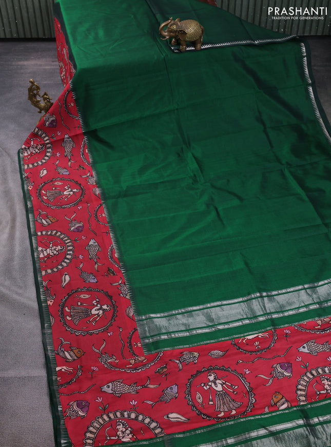 Mangalgiri silk cotton saree green and maroon with plain body and temple design kalamkari printed applique border