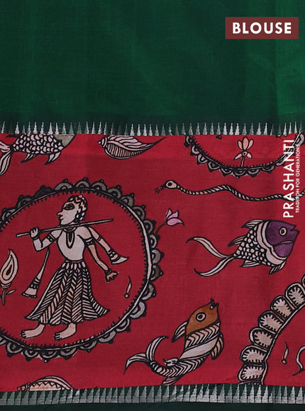 Mangalgiri silk cotton saree green and maroon with plain body and temple design kalamkari printed applique border