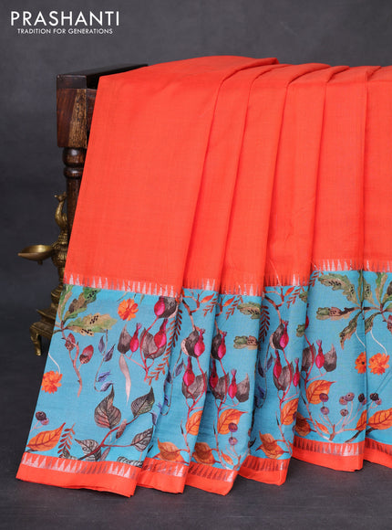 Mangalgiri silk cotton saree orange and teal blue with plain body and temple design kalamkari printed applique border