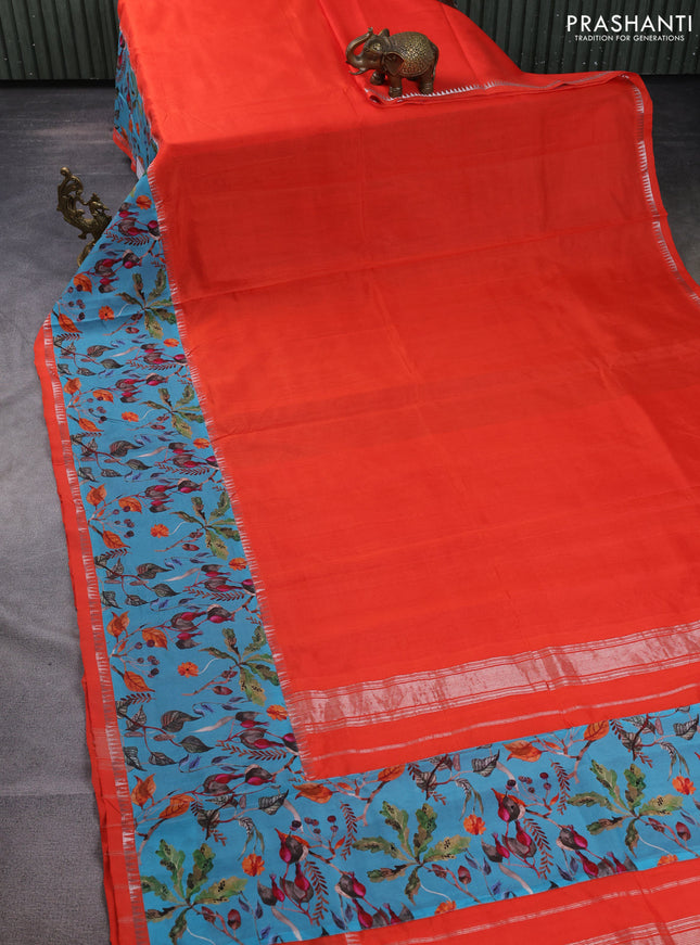 Mangalgiri silk cotton saree orange and teal blue with plain body and temple design kalamkari printed applique border