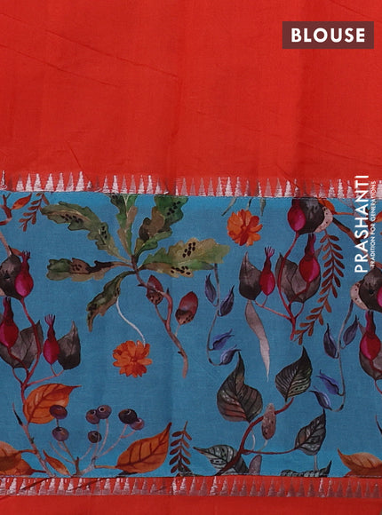 Mangalgiri silk cotton saree orange and teal blue with plain body and temple design kalamkari printed applique border