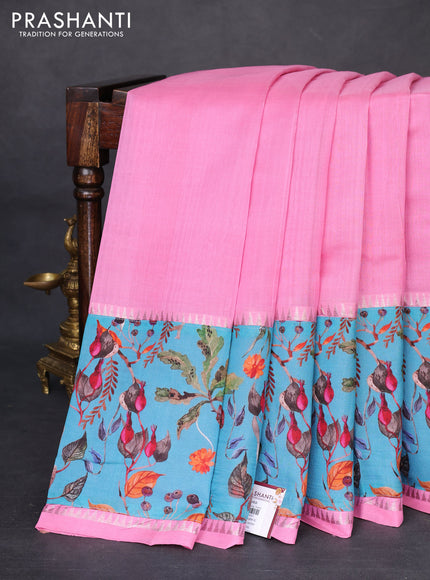 Mangalgiri silk cotton saree light blue and teal blue with plain body and temple design kalamkari printed applique border