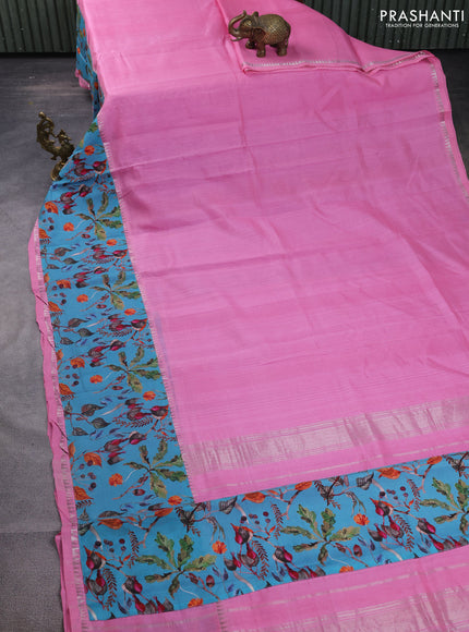 Mangalgiri silk cotton saree light blue and teal blue with plain body and temple design kalamkari printed applique border