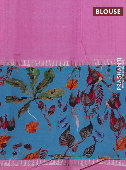 Mangalgiri silk cotton saree light blue and teal blue with plain body and temple design kalamkari printed applique border