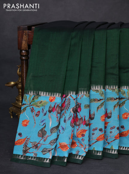 Mangalgiri silk cotton saree dark green and light blue with plain body and temple design kalamkari printed applique border