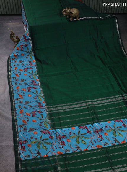 Mangalgiri silk cotton saree dark green and light blue with plain body and temple design kalamkari printed applique border
