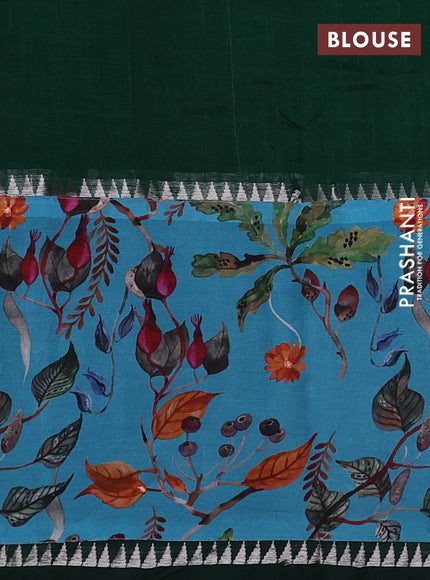 Mangalgiri silk cotton saree dark green and light blue with plain body and temple design kalamkari printed applique border