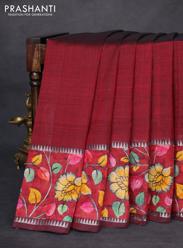 Mangalgiri silk cotton saree maroon with plain body and temple design kalamkari printed applique border