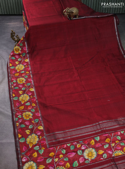 Mangalgiri silk cotton saree maroon with plain body and temple design kalamkari printed applique border