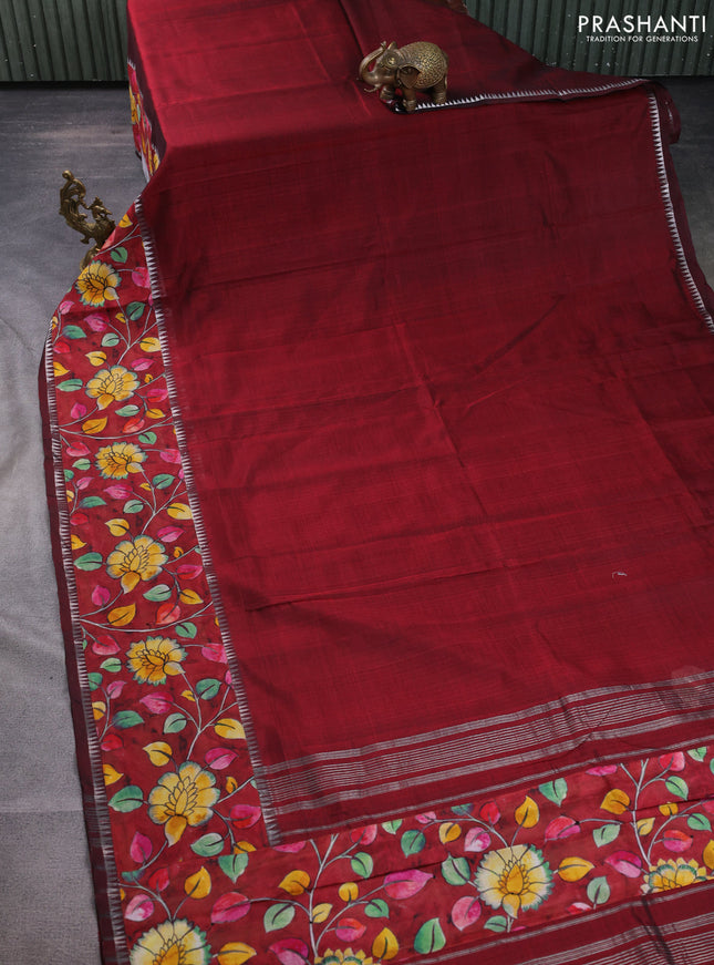 Mangalgiri silk cotton saree maroon with plain body and temple design kalamkari printed applique border