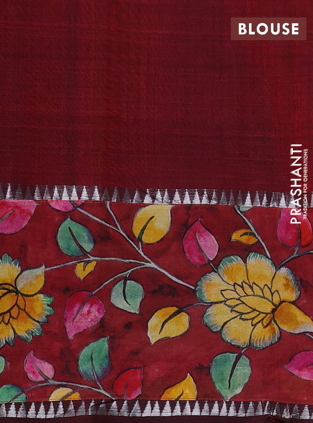 Mangalgiri silk cotton saree maroon with plain body and temple design kalamkari printed applique border