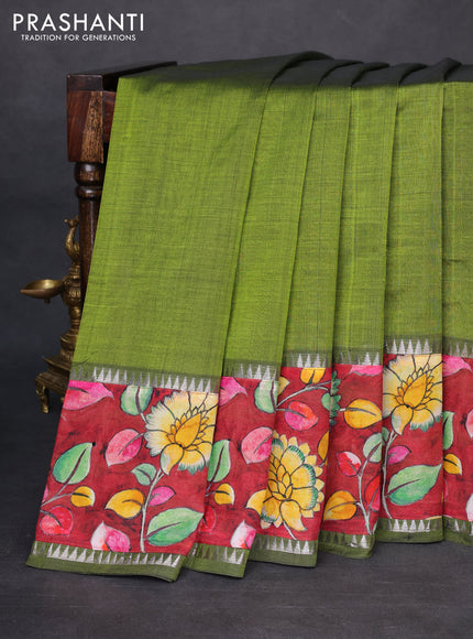 Mangalgiri silk cotton saree light green and maroon with plain body and temple design kalamkari printed applique border
