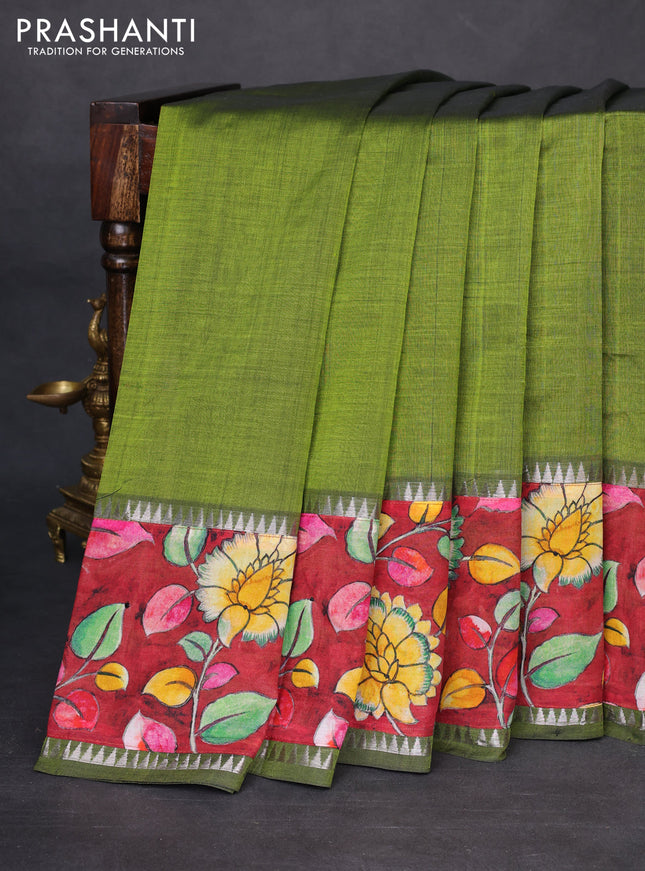 Mangalgiri silk cotton saree light green and maroon with plain body and temple design kalamkari printed applique border