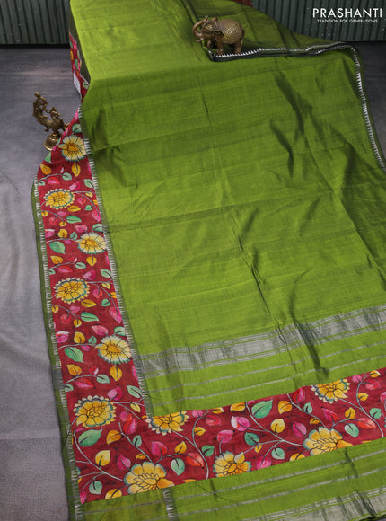Mangalgiri silk cotton saree light green and maroon with plain body and temple design kalamkari printed applique border