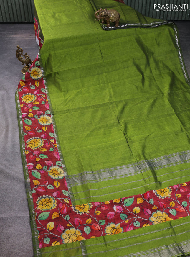 Mangalgiri silk cotton saree light green and maroon with plain body and temple design kalamkari printed applique border