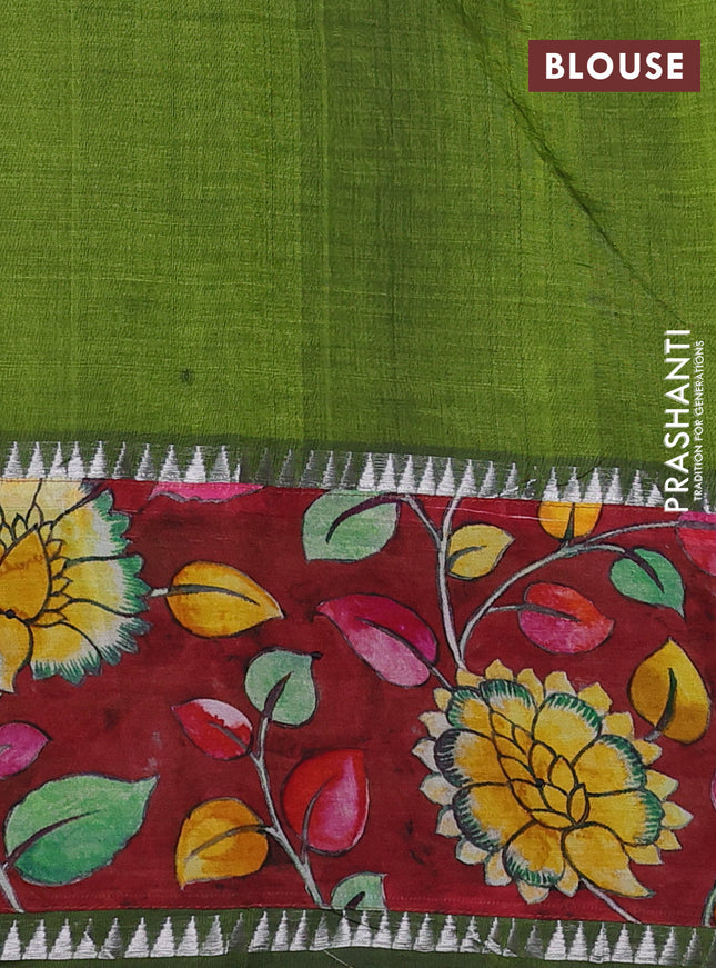 Mangalgiri silk cotton saree light green and maroon with plain body and temple design kalamkari printed applique border