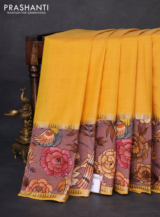 Mangalgiri silk cotton saree yellow and rosy brown with plain body and temple design kalamkari printed applique border