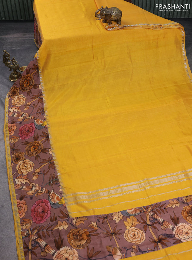 Mangalgiri silk cotton saree yellow and rosy brown with plain body and temple design kalamkari printed applique border