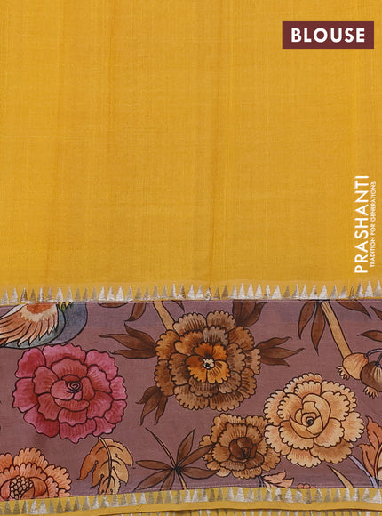Mangalgiri silk cotton saree yellow and rosy brown with plain body and temple design kalamkari printed applique border