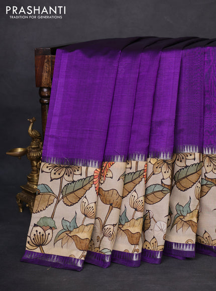 Mangalgiri silk cotton saree violet and beige with plain body and temple design kalamkari printed applique border
