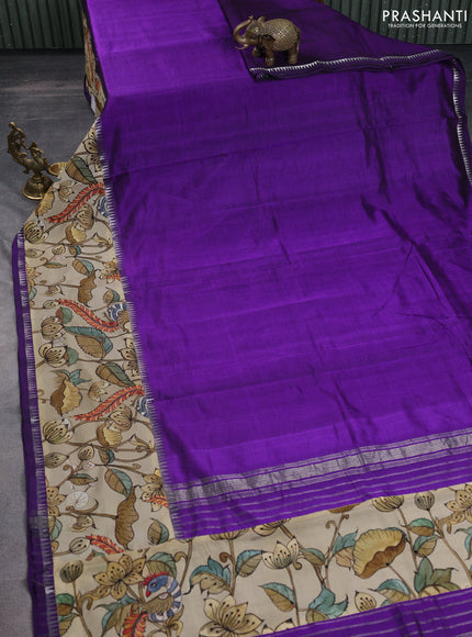 Mangalgiri silk cotton saree violet and beige with plain body and temple design kalamkari printed applique border