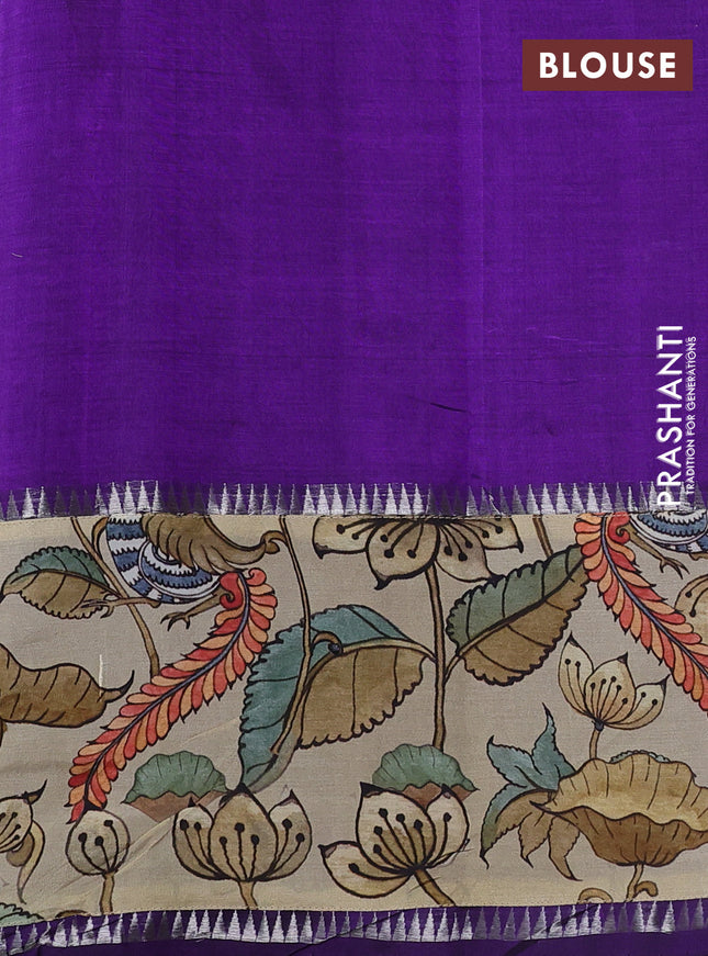 Mangalgiri silk cotton saree violet and beige with plain body and temple design kalamkari printed applique border