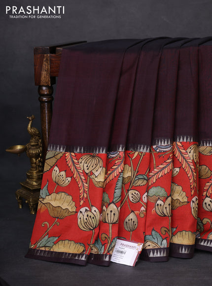 Mangalgiri silk cotton saree coffee brown and red with plain body and temple design kalamkari printed applique border