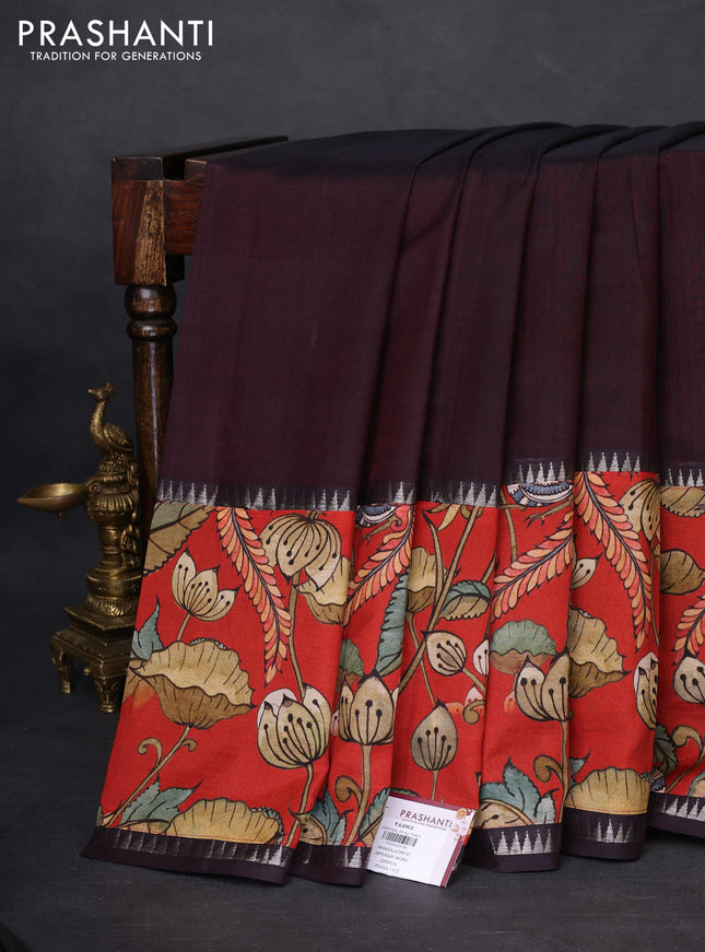 Mangalgiri silk cotton saree coffee brown and red with plain body and temple design kalamkari printed applique border
