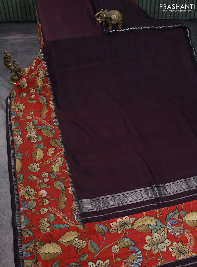 Mangalgiri silk cotton saree coffee brown and red with plain body and temple design kalamkari printed applique border