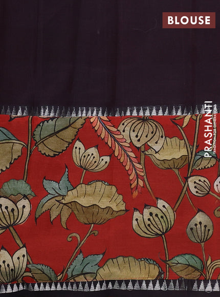 Mangalgiri silk cotton saree coffee brown and red with plain body and temple design kalamkari printed applique border