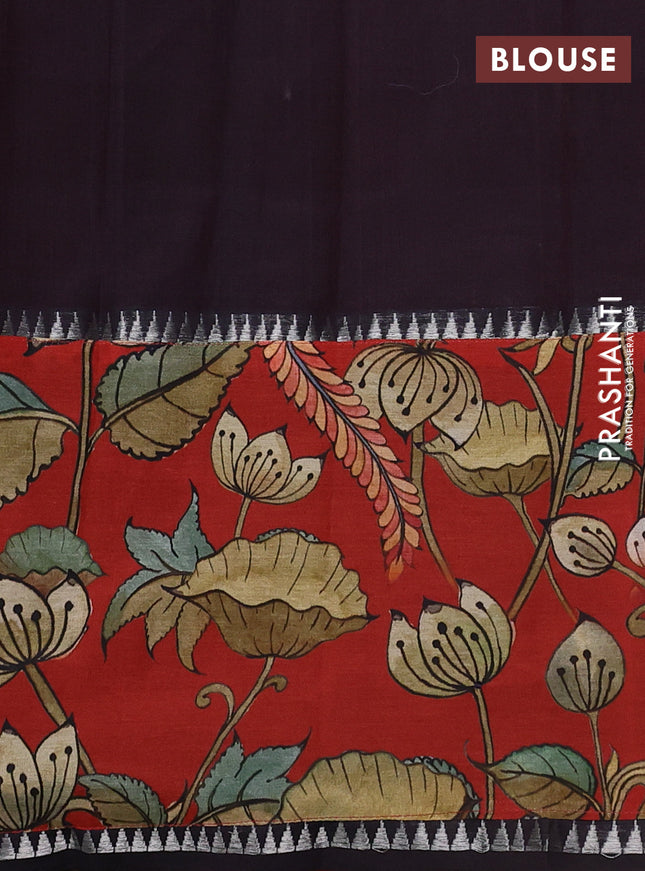 Mangalgiri silk cotton saree coffee brown and red with plain body and temple design kalamkari printed applique border