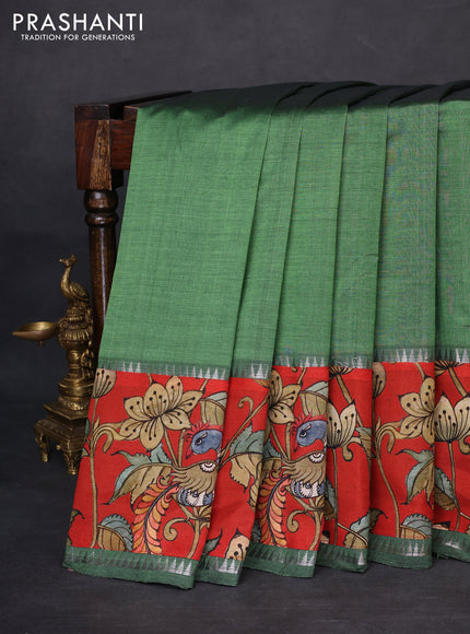 Mangalgiri silk cotton saree green and red with plain body and temple design kalamkari printed applique border