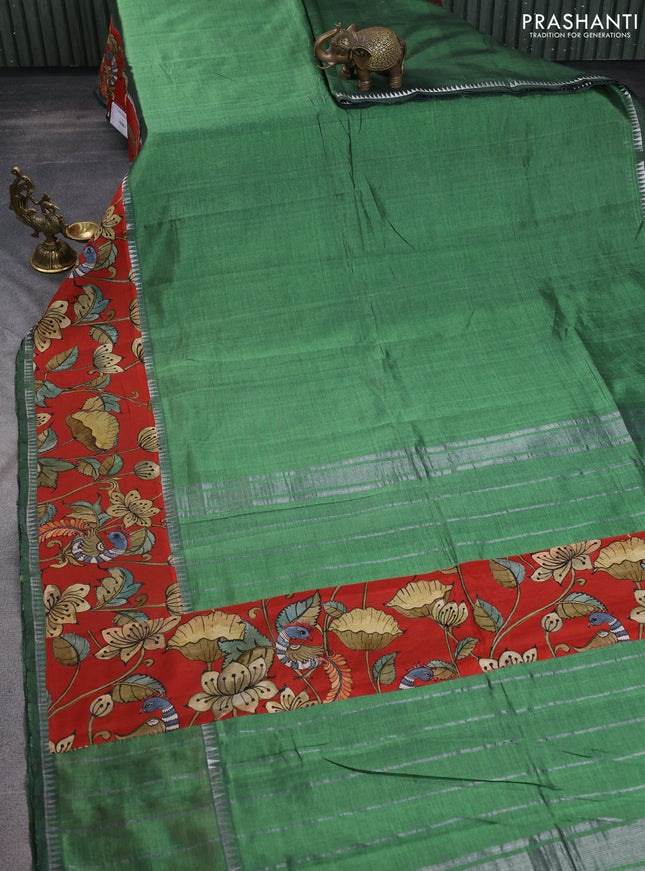 Mangalgiri silk cotton saree green and red with plain body and temple design kalamkari printed applique border